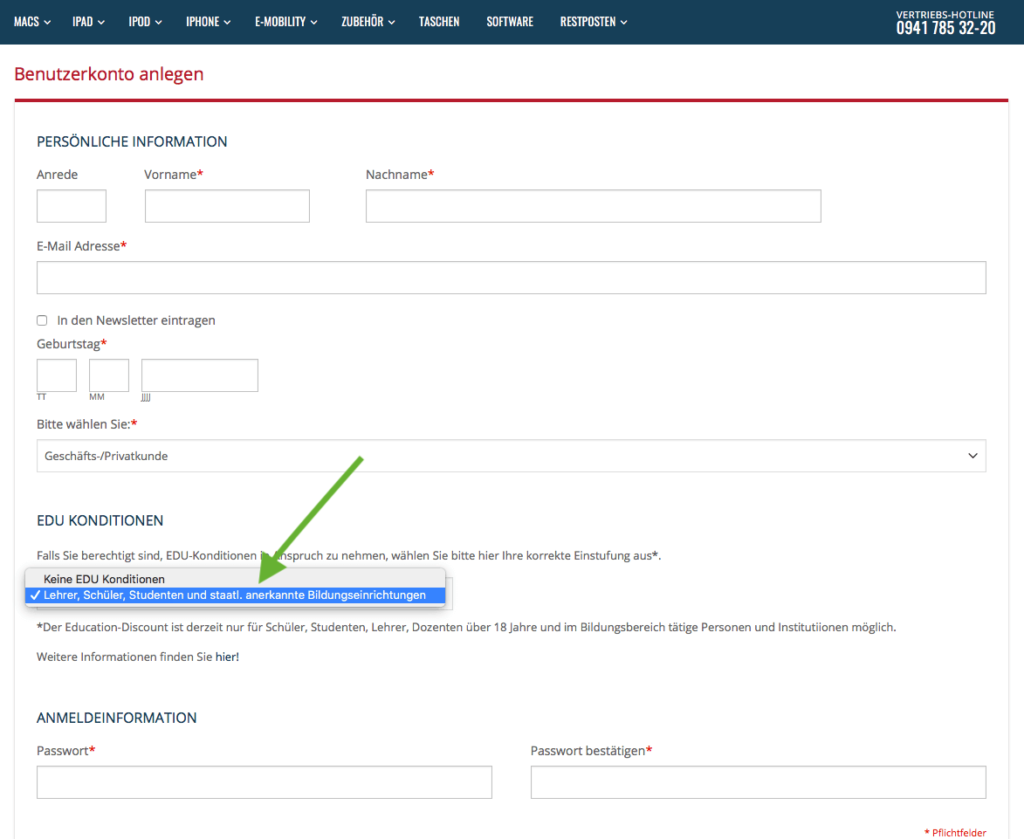 Registrierung bei Mac Trade als Student